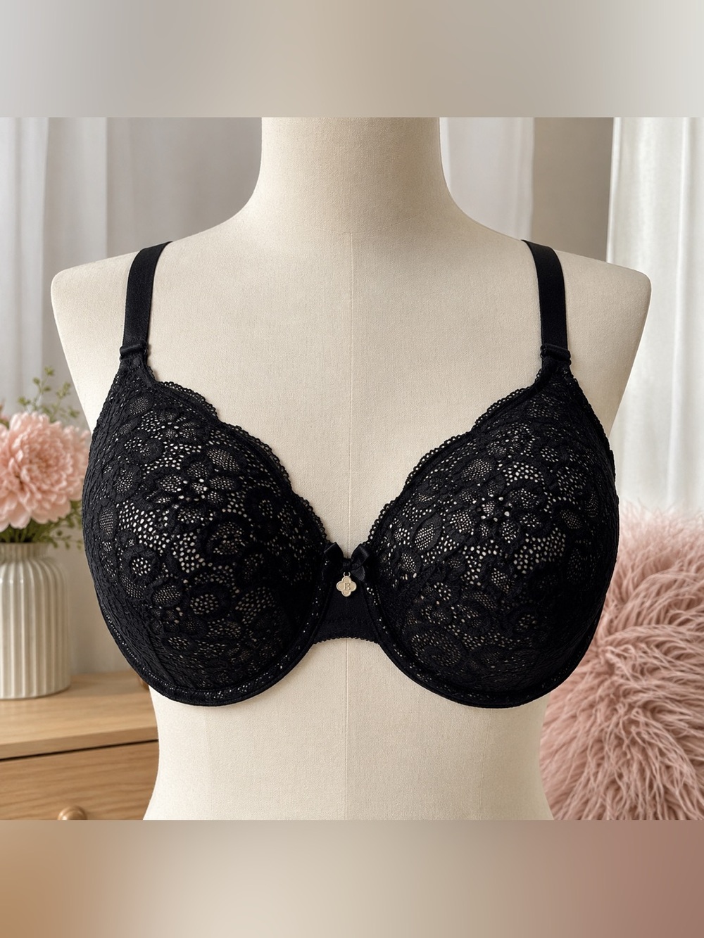 Breezies 40C Black Lace Underwire Bra Full Coverage Bow Charm Comfort Support